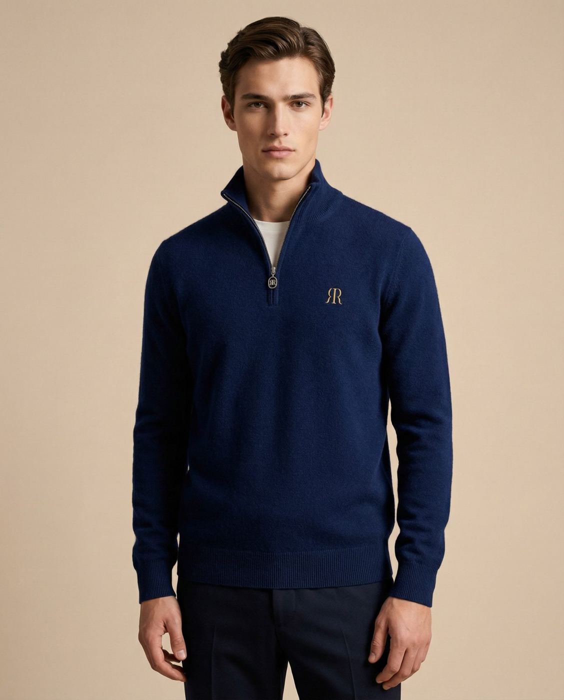A man in a navy Riviera Reverie quarter-zip
