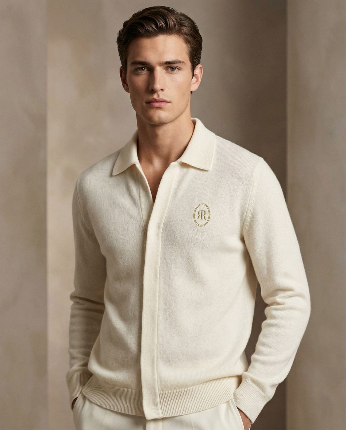 A man in an ivory knit shirt jacket with the RR monogram