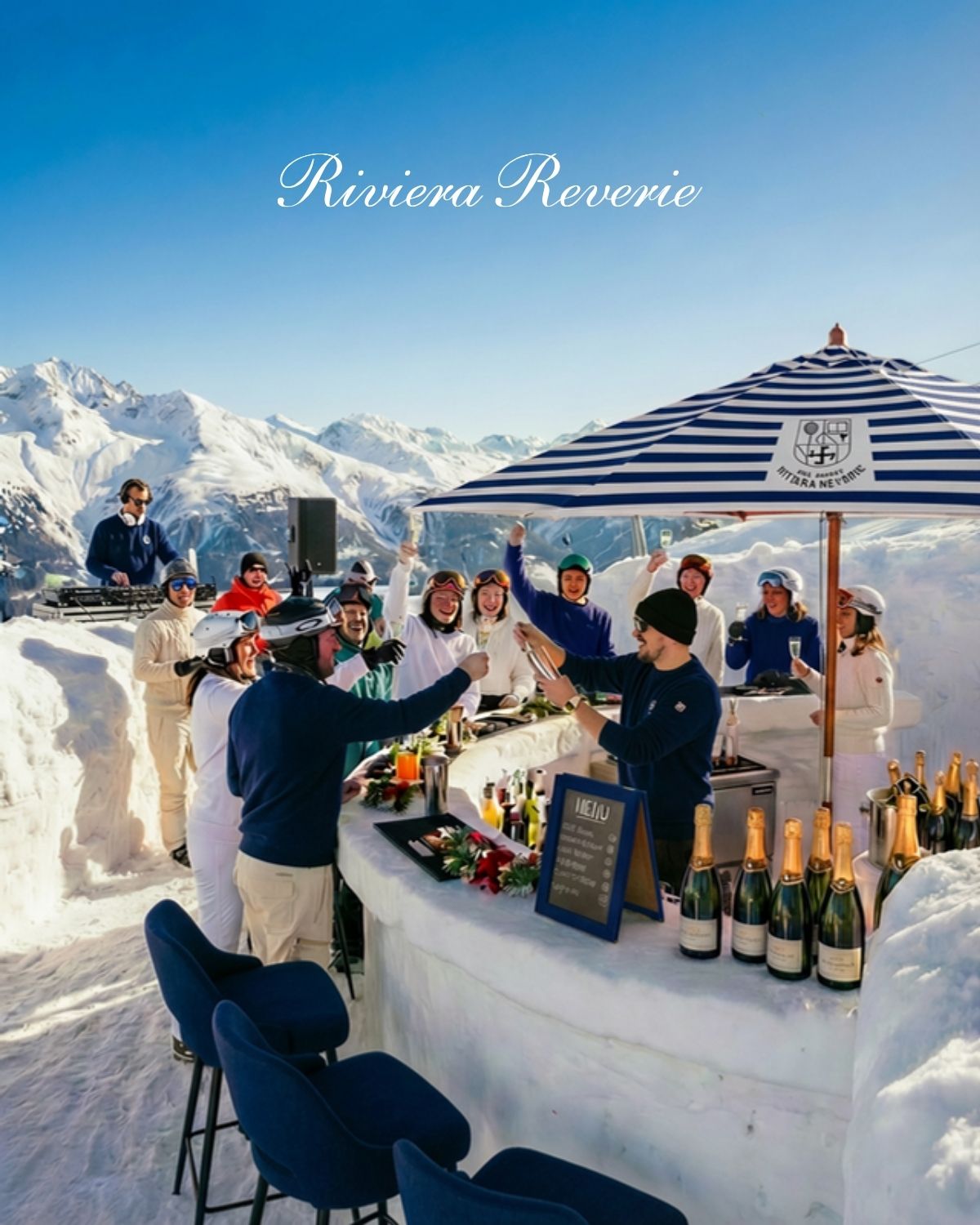 Friends at a snow bar outside a chalet signed Riviera Reverie