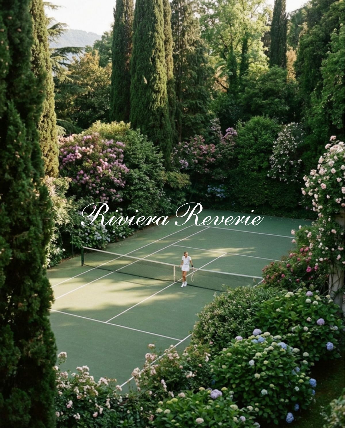 A grass-green tennis court framed by cypress trees and hydrangeas
